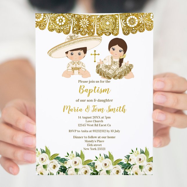 Gold Floral Baptism Fiesta Twin Invitation (Creator Uploaded)