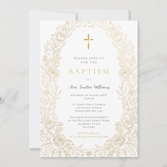 Gold Floral Baptism Invitation (Front)