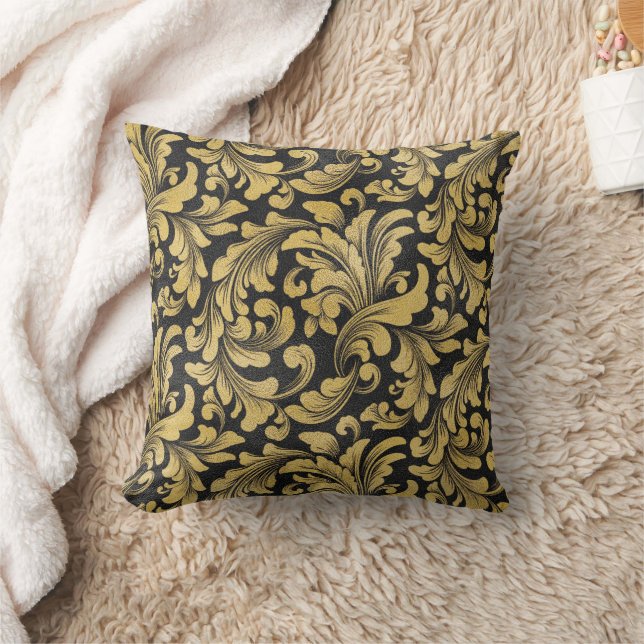 Gold floral baroque pattern on black background cushion (Blanket)