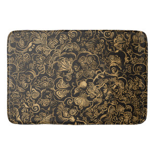 Gold Floral Baroque Pattern on Black Bath Mat