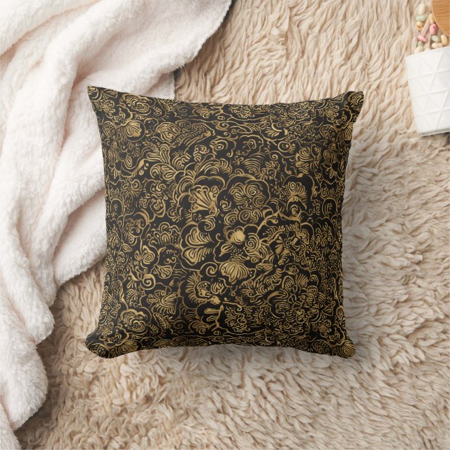 Gold Floral Baroque Pattern on Black Cushion (Blanket)