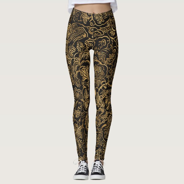 Gold Floral Baroque Pattern on Black Leggings (Front)