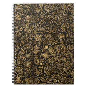 Gold Floral Baroque Pattern on Black Notebook