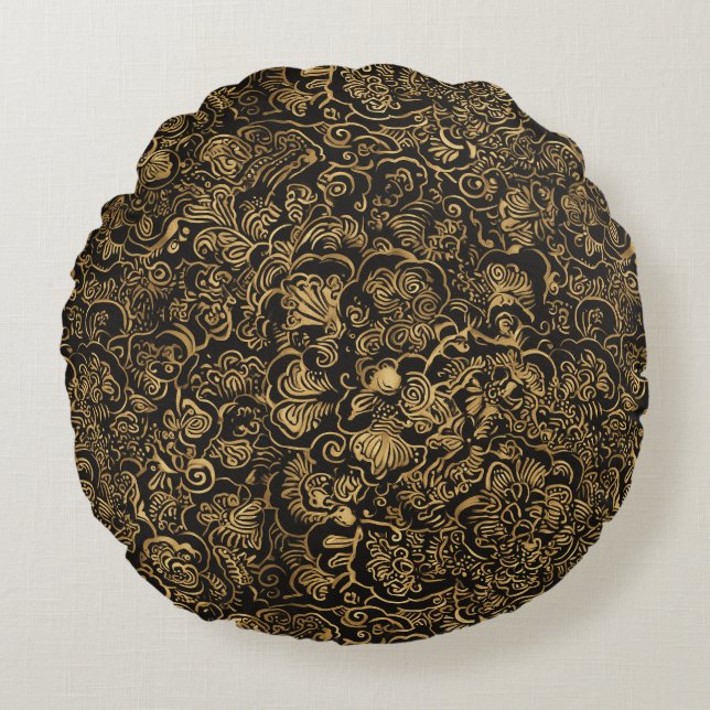 Gold Floral Baroque Pattern on Black Round Cushion (Front)