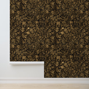 Gold Floral Baroque Pattern on Black Wallpaper