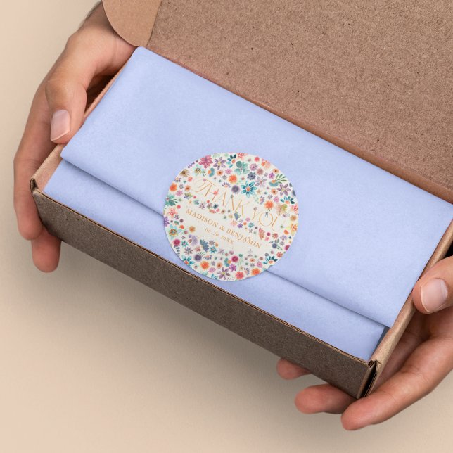 Gold Floral Beige Boho Thank You Wedding Favour Classic Round Sticker (Creator Uploaded)