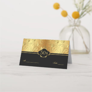 Gold Floral Black 50th Wedding Reception Place Car Card