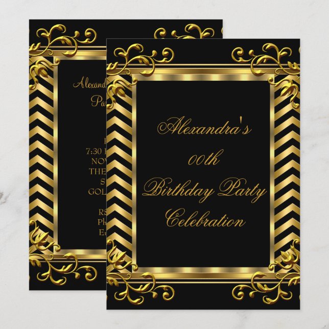 Gold Floral Black Chevron Elegant Birthday Party Invitation (Front/Back)
