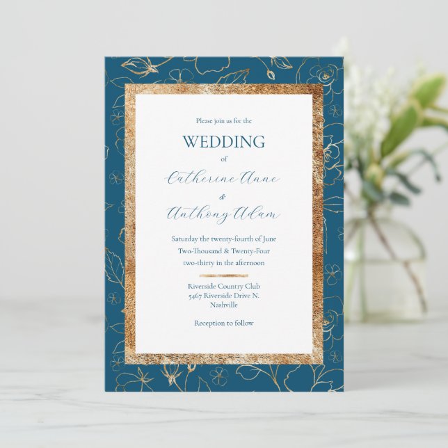 Gold Floral Blue Modern Wedding  Invitation (Standing Front)