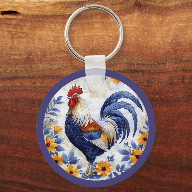 Gold Floral Blue Rooster Farmhouse Key Ring (Front)