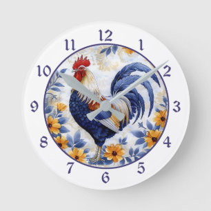 Gold Floral Blue Rooster Farmhouse Round Clock