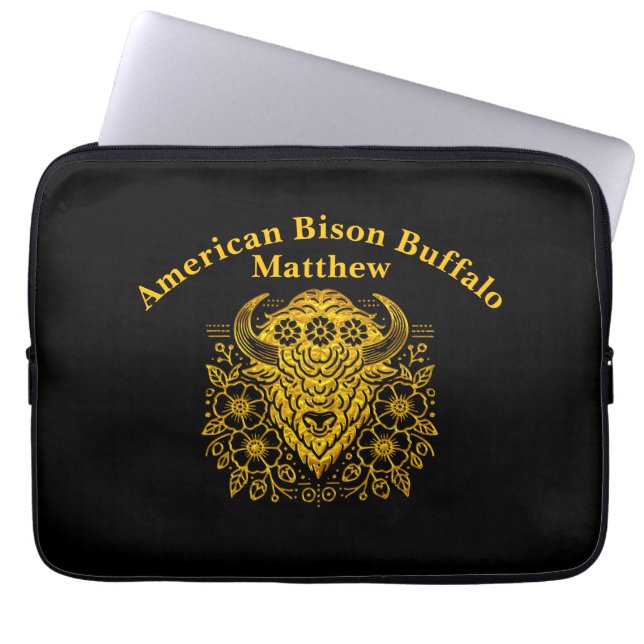 Gold Floral Bold Bison Art With Detail Laptop Sleeve (Front)