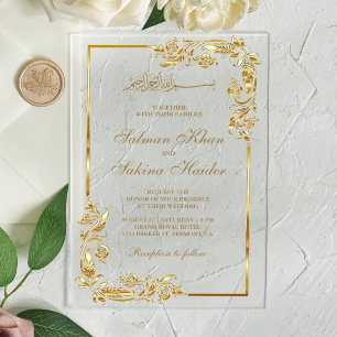 Gold Floral Border Islamic Wedding Acrylic Invitations