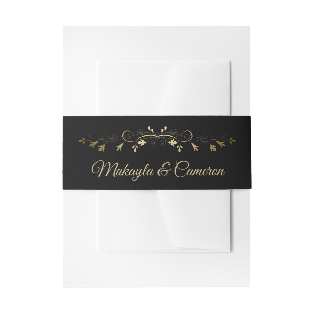 Gold Floral Border on Black Elegant Wedding Invitation Belly Band (Front Example)