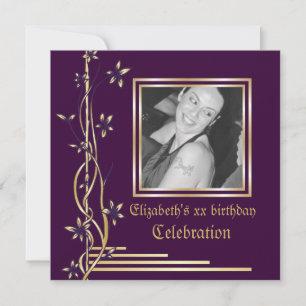 Gold floral border on purple birthday invitation