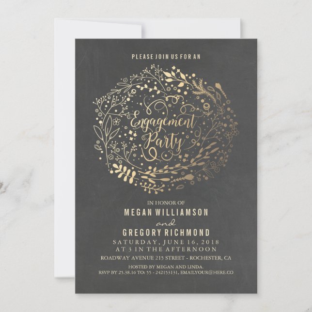 Gold Floral Bouquet Chalkboard Engagement Party Invitation (Front)