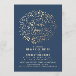 Gold Floral Bouquet Navy Rehearsal Dinner Invitation
