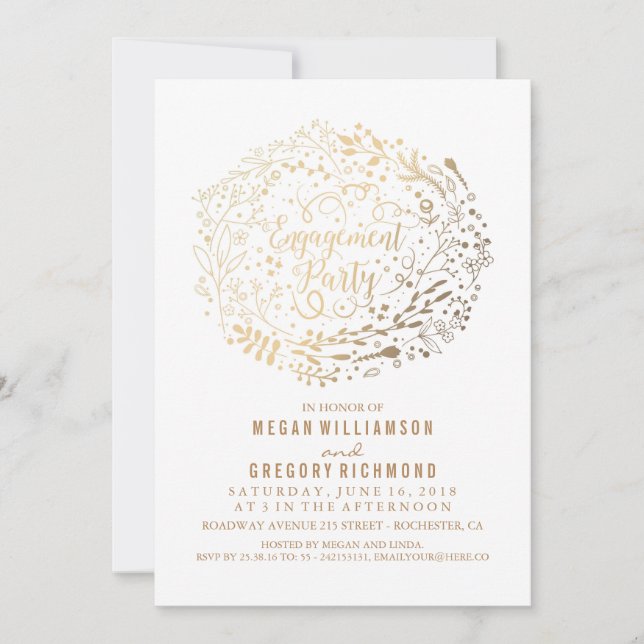 Gold Floral Bouquet White Engagement Party Invitation (Front)