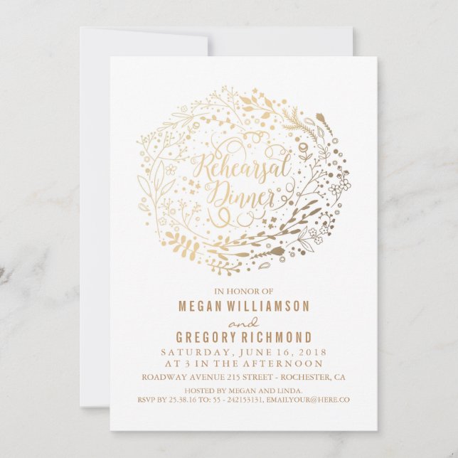 Gold Floral Bouquet White Rehearsal Dinner Invitation (Front)