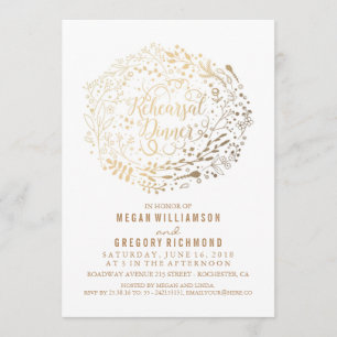 Gold Floral Bouquet White Rehearsal Dinner Invitation