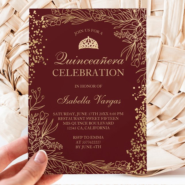 Gold floral burgundy Tiara chic Quinceañera Invitation (Creator Uploaded)
