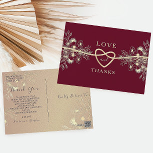 Gold Floral Burgundy Wedding Thank You Postcard