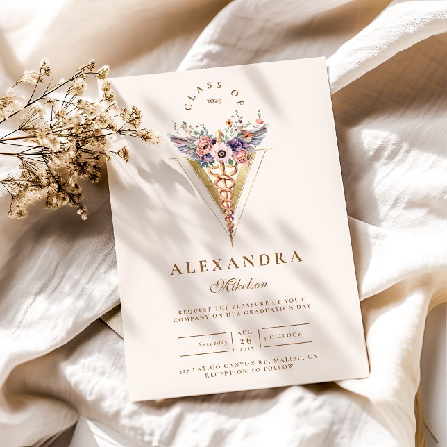 Gold Floral Caduceus Medical Vet Graduation Invitation (Creator Uploaded)