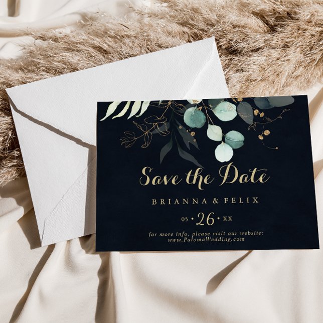 Gold Floral Calligraphy Blue Horizontal Wedding  Save The Date (Creator Uploaded)