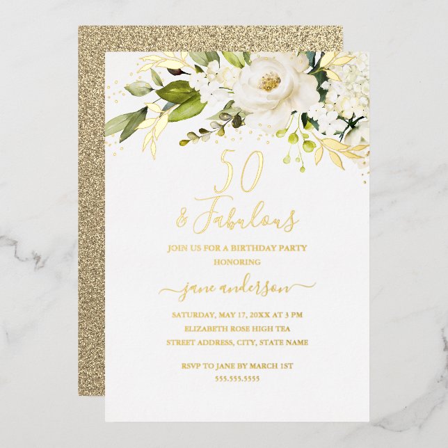 Gold Floral Champagne 50 & Fabulous Birthday  Foil (Front/Back)