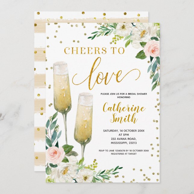 Gold Floral Cheers to Love Bridal Shower Invitation (Front/Back)