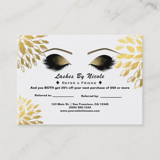 Gold Floral Chic Eyelashes Refer Friend Aftercare Referral Card (Front)