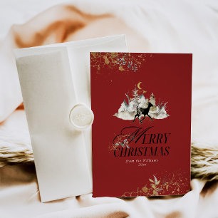 Gold Floral Christmas Deer Photo Christmas Red Holiday Card