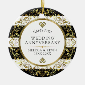 Gold floral circle 50th wedding anniversary ceramic ornament