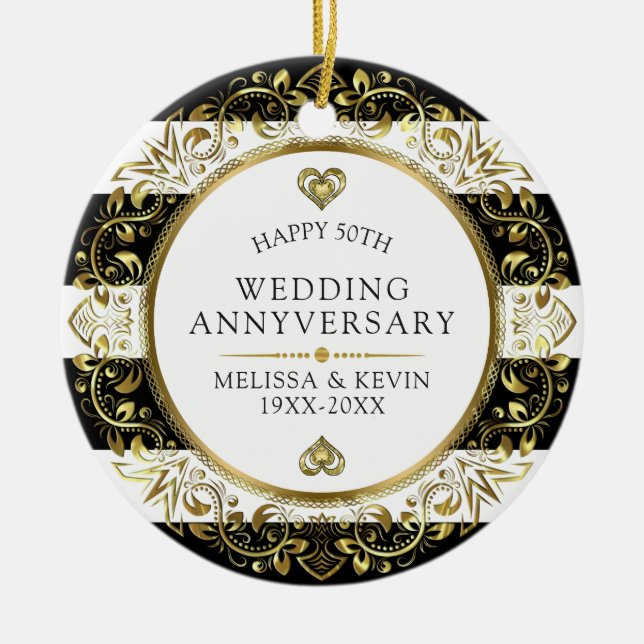 Gold floral circle 50th wedding anniversary ceramic ornament (Front)