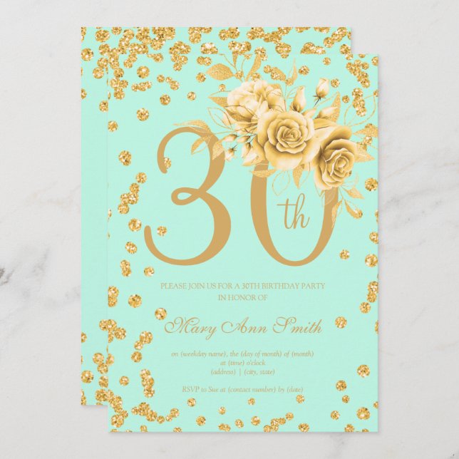 Gold Floral & Confetti 30th Birthday Mint  Invitation (Front/Back)