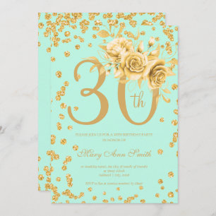 Gold Floral & Confetti 30th Birthday Mint  Invitation