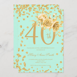 Gold Floral & Confetti 40th Birthday Mint  Invitation