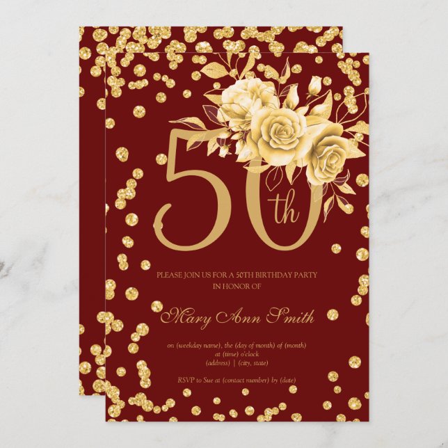 Gold Floral & Confetti 50th Birthday Burgundy  Invitation (Front/Back)