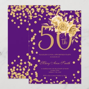 Gold Floral & Confetti 50th Birthday Purple  Invitation