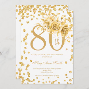 Gold Floral & Confetti 80th Birthday Party  Invitation