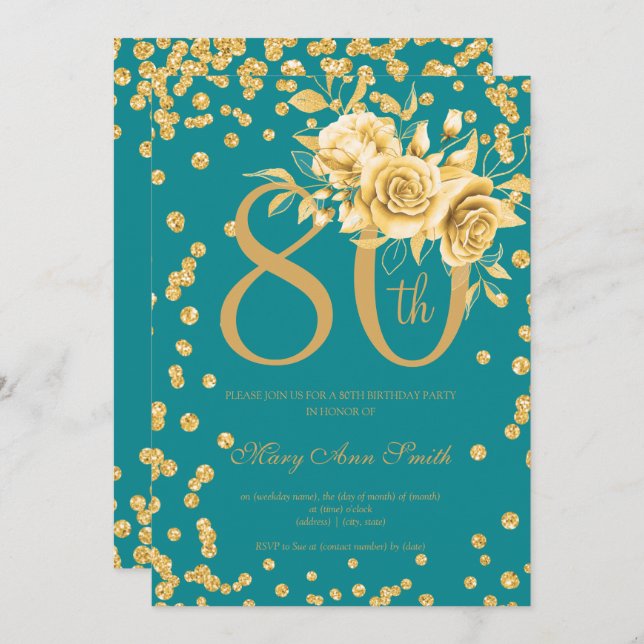 Gold Floral & Confetti 80th Birthday Teal  Invitation (Front/Back)