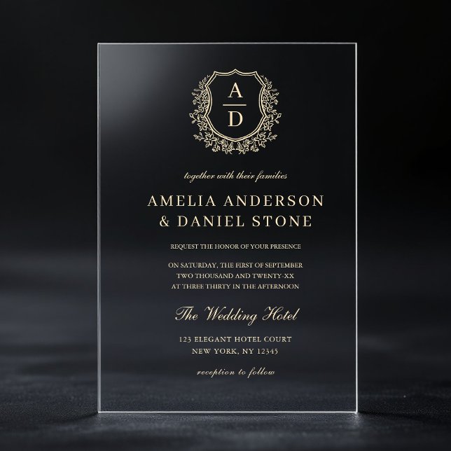 Gold Floral Crest Monogram Wedding Elegant Acrylic Invitations (Creator Uploaded)