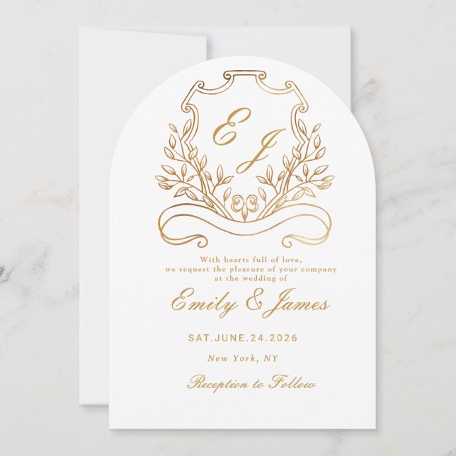 gold Floral Crest Victorian wedding invitation (Front)