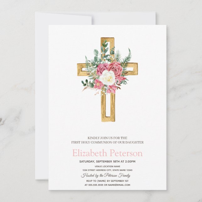 Gold Floral Cross First Holy Communion   Invitation (Front)