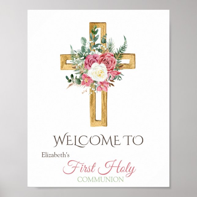 Gold Floral Cross First Holy Communion    Poster (Front)