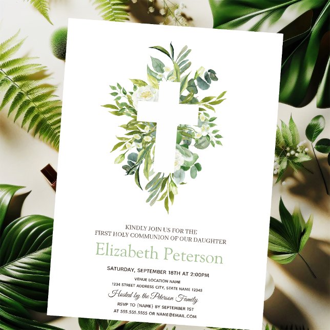Gold Floral Cross Leaves First Holy Communion   Invitation (Creator Uploaded)