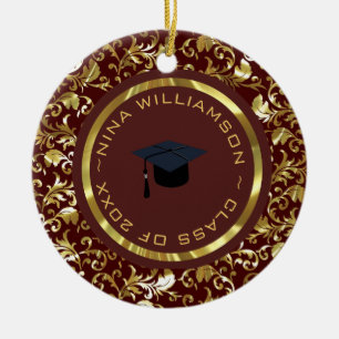 Gold Floral Damask And Cap Ceramic Ornament