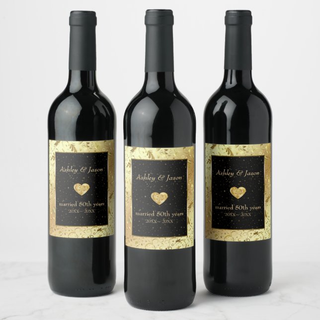 Gold Floral Damask And Heart Wine Label (Bottles)