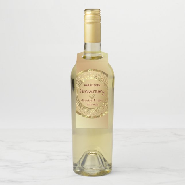 Gold Floral Damask And Hearts Bottle Tag (On Bottle)