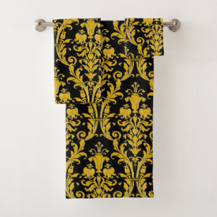 Gold Floral Damask On Black Bath Towel Set